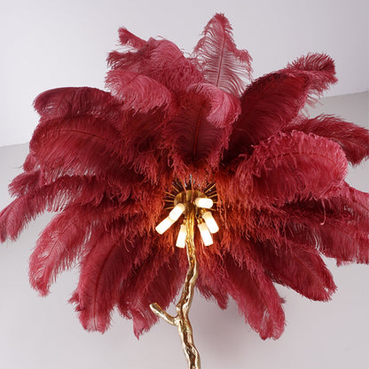 Ostrich Feather Brass Floor Lamp, Hollywood Regency Glam, Hand-Dyed Plumes, Plug-In