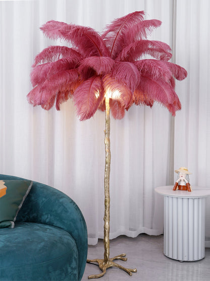 Ostrich Feather Brass Floor Lamp, Hollywood Regency Glam, Hand-Dyed Plumes, Plug-In