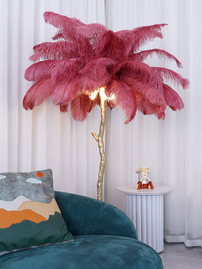 Ostrich Feather Brass Floor Lamp, Hollywood Regency Glam, Hand-Dyed Plumes, Plug-In
