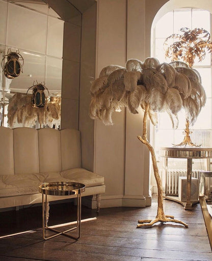 Ostrich Feather Brass Floor Lamp, Hollywood Regency Glam, Hand-Dyed Plumes, Plug-In