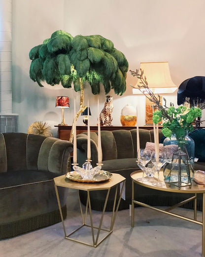 Ostrich Feather Brass Floor Lamp, Hollywood Regency Glam, Hand-Dyed Plumes, Plug-In