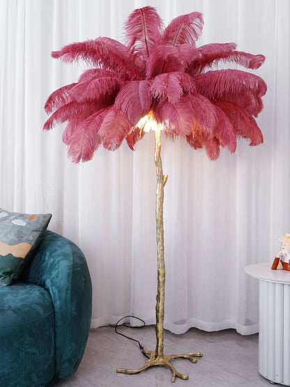 Ostrich Feather Brass Floor Lamp, Hollywood Regency Glam, Hand-Dyed Plumes, Plug-In