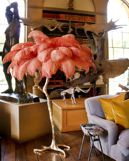 Ostrich Feather Brass Floor Lamp, Hollywood Regency Glam, Hand-Dyed Plumes, Plug-In