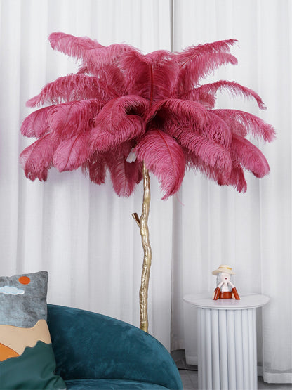 Ostrich Feather Brass Floor Lamp, Hollywood Regency Glam, Hand-Dyed Plumes, Plug-In