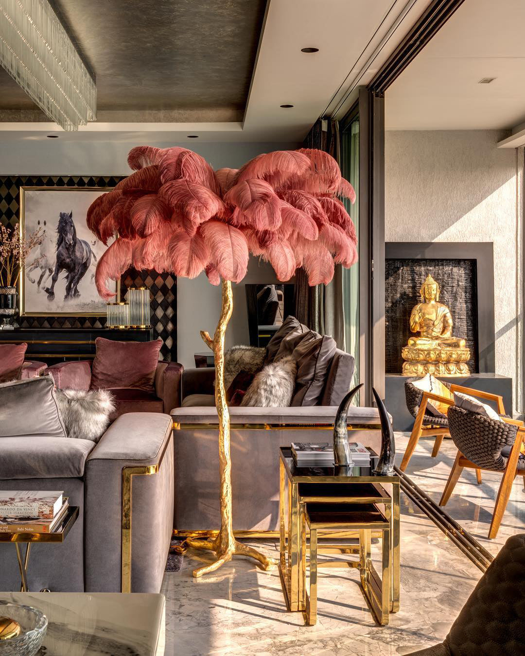 Ostrich feather floor lamp G9 light sources glowing through the feather canopy