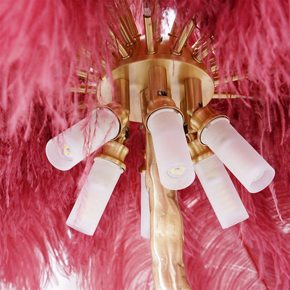 Ostrich Feather Brass Floor Lamp, Hollywood Regency Glam, Hand-Dyed Plumes, Plug-In