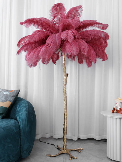 Ostrich Feather Brass Floor Lamp, Hollywood Regency Glam, Hand-Dyed Plumes, Plug-In