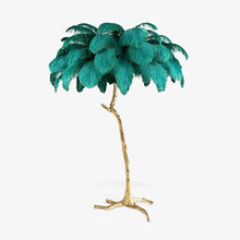 Ostrich feather floor lamp with polished brass base and hand-dyed plumes