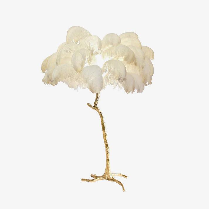Ostrich feather floor lamp with polished brass base and hand-dyed plumes