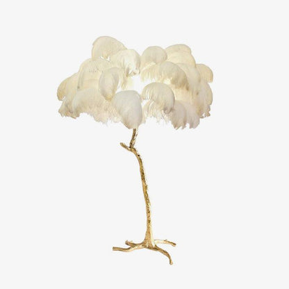 Ostrich feather floor lamp with polished brass base and hand-dyed plumes