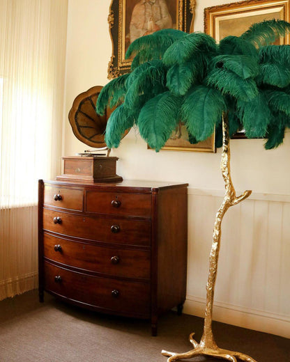 Ostrich Feather Brass Floor Lamp, Hollywood Regency Glam, Hand-Dyed Plumes, Plug-In