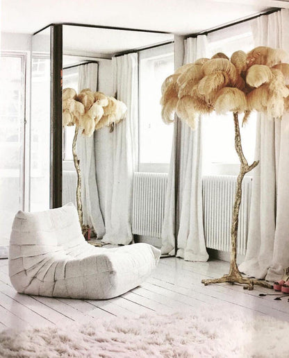 Ostrich Feather Brass Floor Lamp, Hollywood Regency Glam, Hand-Dyed Plumes, Plug-In