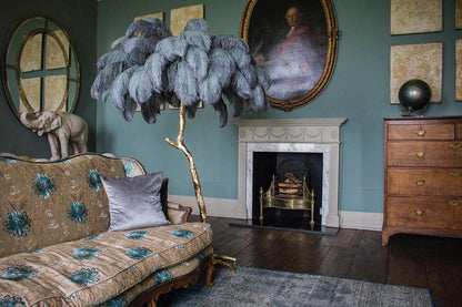 Ostrich Feather Brass Floor Lamp, Hollywood Regency Glam, Hand-Dyed Plumes, Plug-In