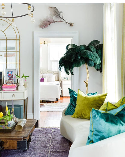 Ostrich Feather Brass Floor Lamp, Hollywood Regency Glam, Hand-Dyed Plumes, Plug-In