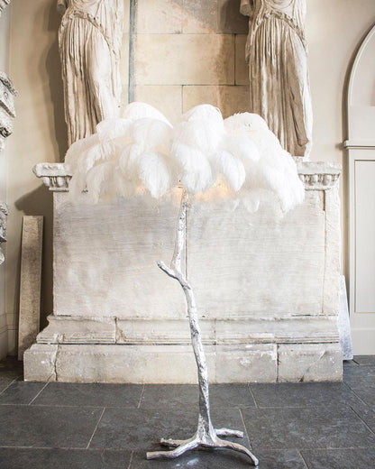 Ostrich Feather Brass Floor Lamp, Hollywood Regency Glam, Hand-Dyed Plumes, Plug-In