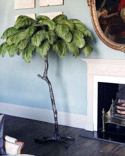 Ostrich Feather Brass Floor Lamp, Hollywood Regency Glam, Hand-Dyed Plumes, Plug-In