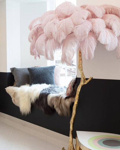 Ostrich Feather Brass Floor Lamp, Hollywood Regency Glam, Hand-Dyed Plumes, Plug-In