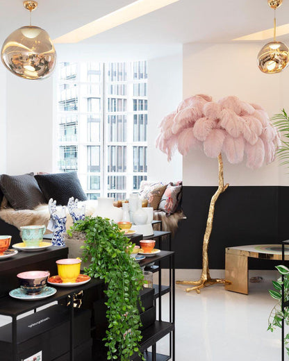 Ostrich Feather Brass Floor Lamp, Hollywood Regency Glam, Hand-Dyed Plumes, Plug-In