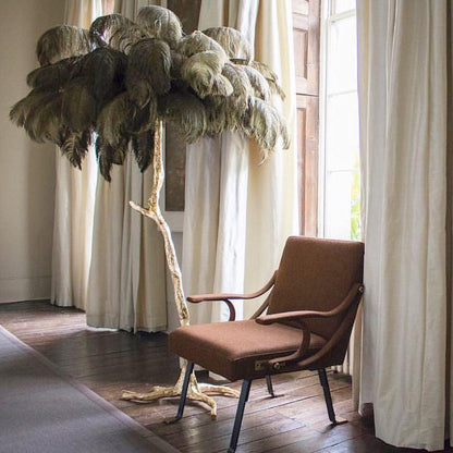 Ostrich Feather Brass Floor Lamp, Hollywood Regency Glam, Hand-Dyed Plumes, Plug-In