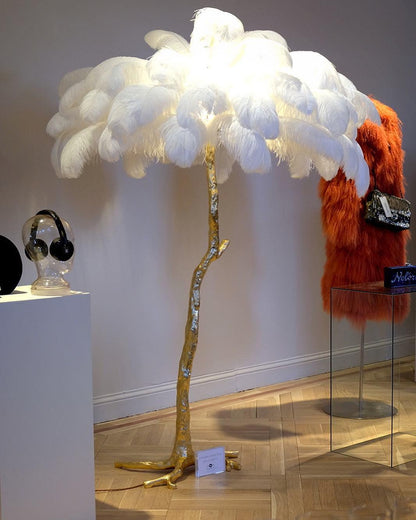 Ostrich Feather Brass Floor Lamp, Hollywood Regency Glam, Hand-Dyed Plumes, Plug-In