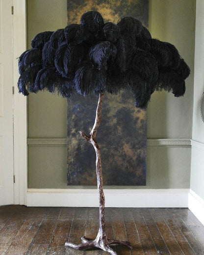 Ostrich Feather Brass Floor Lamp, Hollywood Regency Glam, Hand-Dyed Plumes, Plug-In
