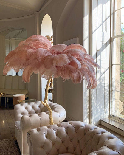 Ostrich Feather Brass Floor Lamp, Hollywood Regency Glam, Hand-Dyed Plumes, Plug-In