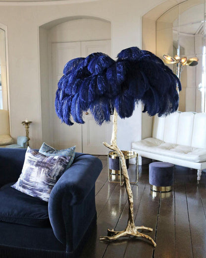 Ostrich Feather Brass Floor Lamp, Hollywood Regency Glam, Hand-Dyed Plumes, Plug-In