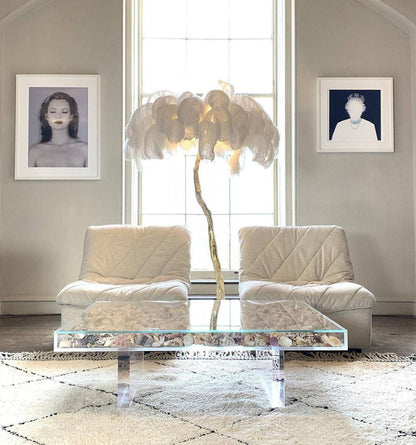 Ostrich Feather Brass Floor Lamp, Hollywood Regency Glam, Hand-Dyed Plumes, Plug-In