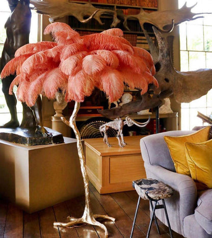 Ostrich Feather Brass Floor Lamp, Hollywood Regency Glam, Hand-Dyed Plumes, Plug-In