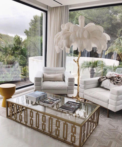 Ostrich Feather Brass Floor Lamp, Hollywood Regency Glam, Hand-Dyed Plumes, Plug-In