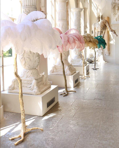 Ostrich Feather Brass Floor Lamp, Hollywood Regency Glam, Hand-Dyed Plumes, Plug-In