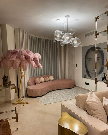 Ostrich Feather Brass Floor Lamp, Hollywood Regency Glam, Hand-Dyed Plumes, Plug-In