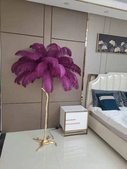 Ostrich Feather Brass Floor Lamp, Hollywood Regency Glam, Hand-Dyed Plumes, Plug-In