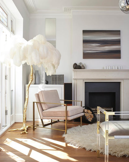 Ostrich Feather Brass Floor Lamp, Hollywood Regency Glam, Hand-Dyed Plumes, Plug-In