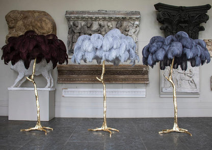 Ostrich Feather Brass Floor Lamp, Hollywood Regency Glam, Hand-Dyed Plumes, Plug-In