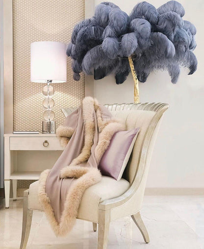 Ostrich Feather Brass Floor Lamp, Hollywood Regency Glam, Hand-Dyed Plumes, Plug-In