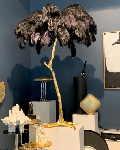 Ostrich Feather Brass Floor Lamp, Hollywood Regency Glam, Hand-Dyed Plumes, Plug-In