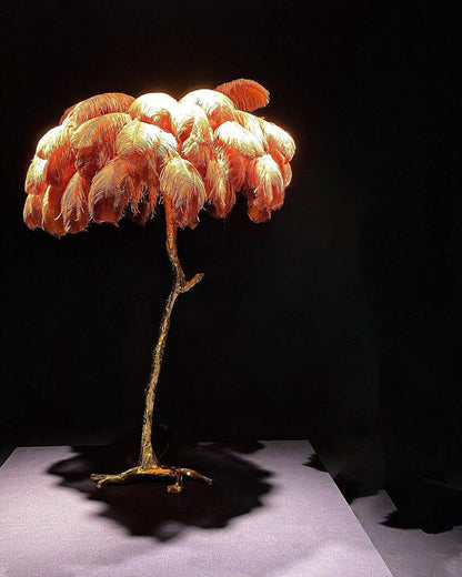 Ostrich Feather Brass Floor Lamp, Hollywood Regency Glam, Hand-Dyed Plumes, Plug-In