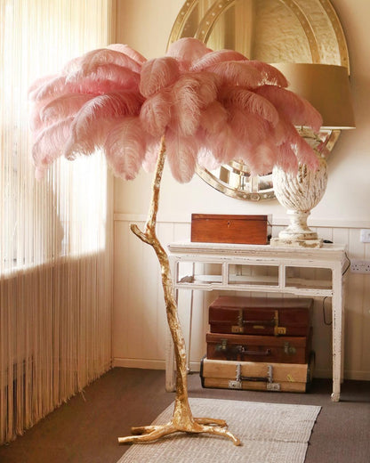 Ostrich feather floor lamp G9 light sources glowing through the feather canopy