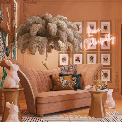 Ostrich Feather Brass Floor Lamp, Hollywood Regency Glam, Hand-Dyed Plumes, Plug-In