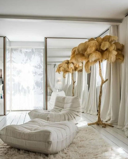 Ostrich Feather Brass Floor Lamp, Hollywood Regency Glam, Hand-Dyed Plumes, Plug-In