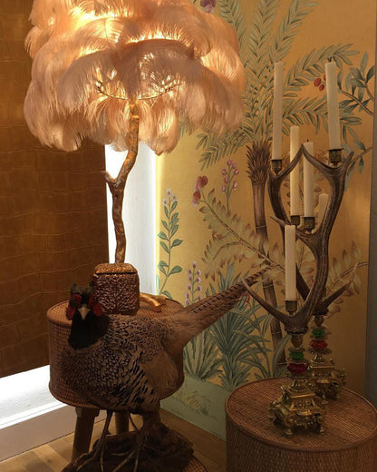 Ostrich Feather Brass Floor Lamp, Hollywood Regency Glam, Hand-Dyed Plumes, Plug-In