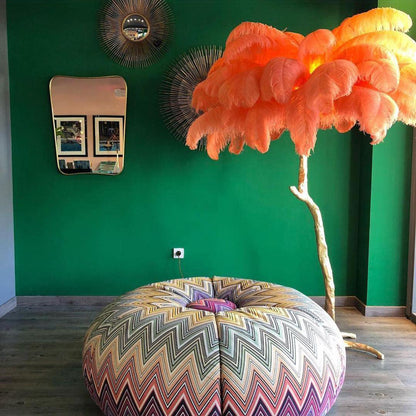 Ostrich Feather Brass Floor Lamp, Hollywood Regency Glam, Hand-Dyed Plumes, Plug-In