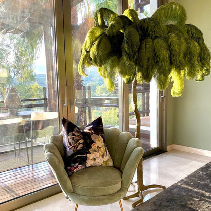 Ostrich Feather Brass Floor Lamp, Hollywood Regency Glam, Hand-Dyed Plumes, Plug-In