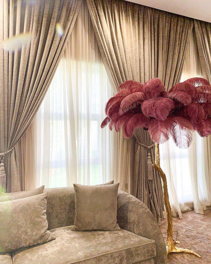 Ostrich Feather Brass Floor Lamp, Hollywood Regency Glam, Hand-Dyed Plumes, Plug-In