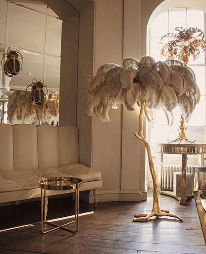 Ostrich Feather Brass Floor Lamp, Hollywood Regency Glam, Hand-Dyed Plumes, Plug-In