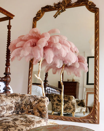 Ostrich Feather Brass Floor Lamp, Hollywood Regency Glam, Hand-Dyed Plumes, Plug-In