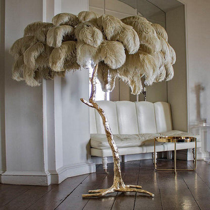 Ostrich Feather Brass Floor Lamp, Hollywood Regency Glam, Hand-Dyed Plumes, Plug-In