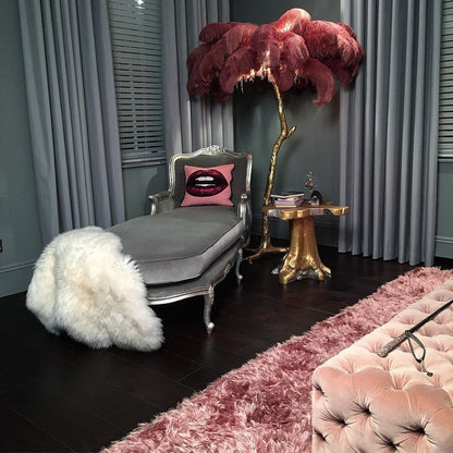 Ostrich Feather Brass Floor Lamp, Hollywood Regency Glam, Hand-Dyed Plumes, Plug-In