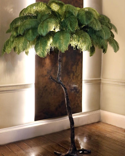 Ostrich Feather Brass Floor Lamp, Hollywood Regency Glam, Hand-Dyed Plumes, Plug-In